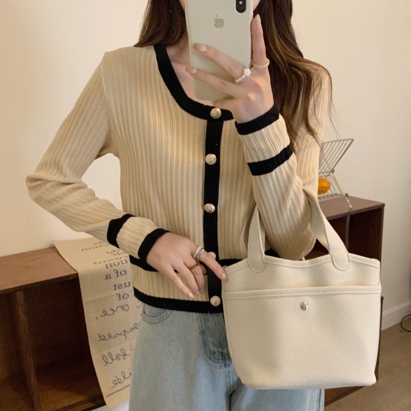 Áo Sweater Tay Dài Cổ Tròn Phối Màu Tương Phản Trẻ Trung Phong Cách Hàn Quốc
