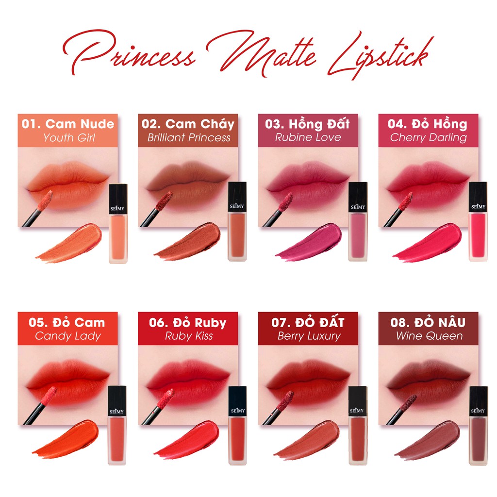 Son kem lì Seimy - Princess Lipstick Matte - Son thiên nhiên an toàn cho bà bầu, kháng nước, nhiều dưỡng