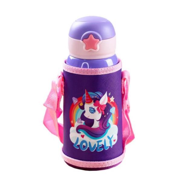 Bình Nước 600ml Cho Bé Đi Học -  2 Nắp - Giữ Nhiệt 12 Giờ, Kèm Ống Hút Và Túi Vải Giữ Nhiệt