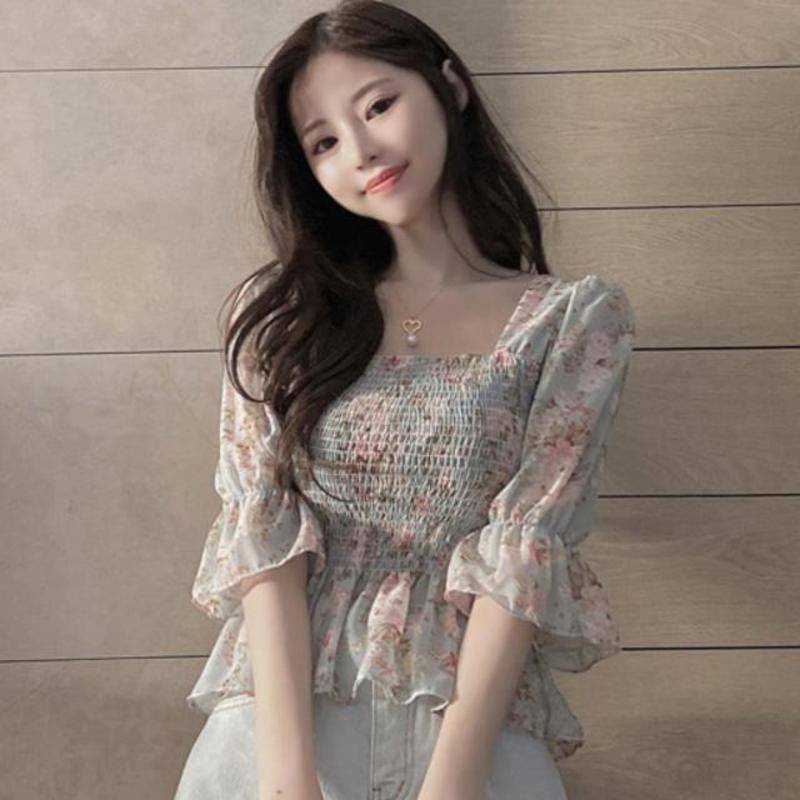 Áo Sơ Mi Chiffon Tay Loe Ôm Eo In Họa Tiết Hoa Phong Cách Mới Cho Nữ