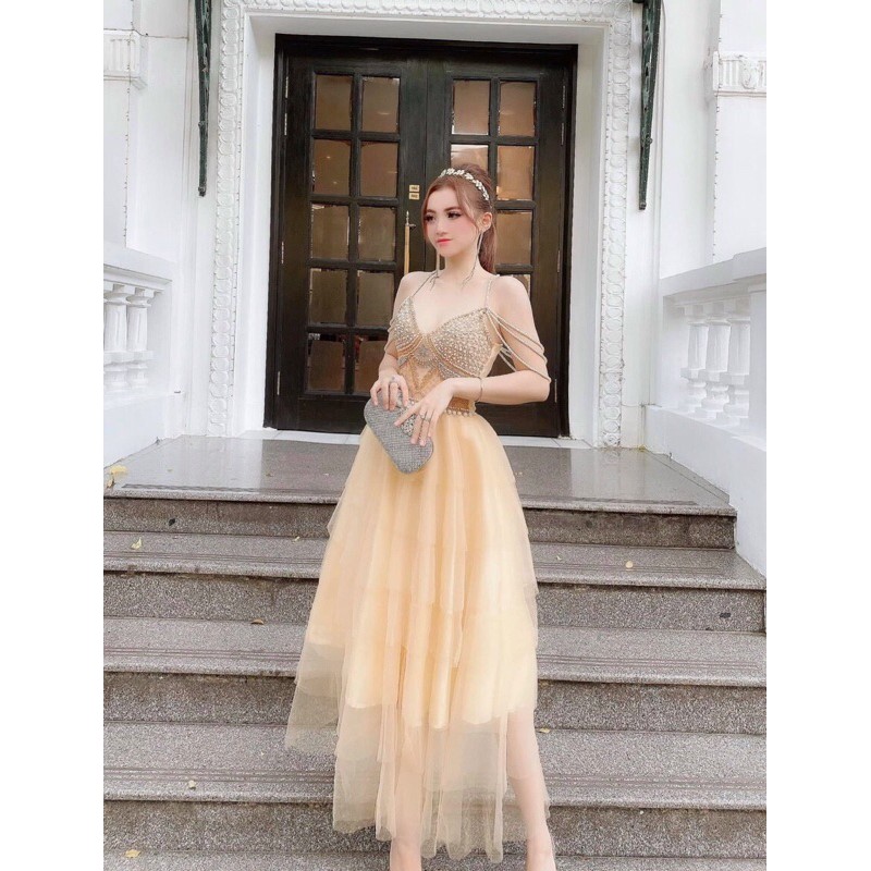 Đầm dự tiệc công chúa TRIPBLE T DRESS dây trễ vai chuỗi cườm sang trọng -size M/L - MS255V