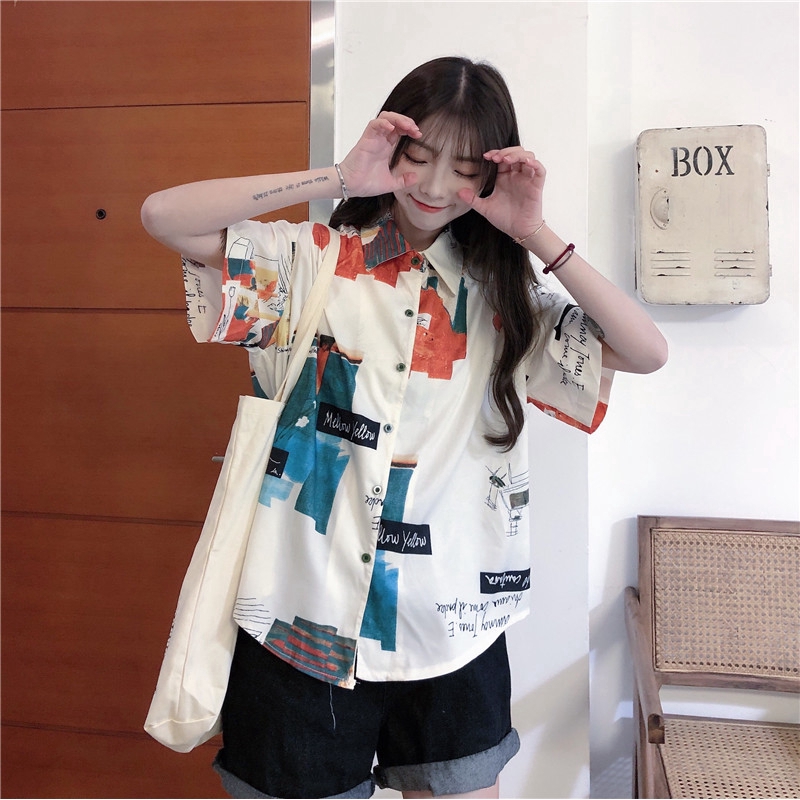 SUXI Áo Sơ Mi Ngắn Tay Nữ Dáng Rộng Kiểu Hàn Quốc