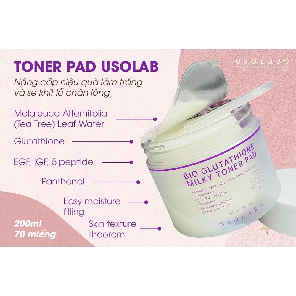 Toner Pad Trắng Da, Thu Nhỏ Lỗ Chân Lông Bio Glutathione MilkyToner Pad Usolab Hàn Quốc