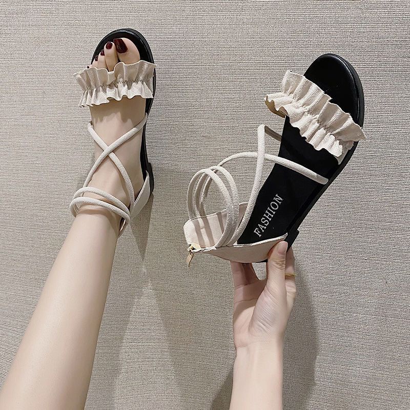 Giày Sandal Cột Dây Đế Bằng Phong Cách Hàn Quốc Thời Trang Mùa Hè Cho Nữ