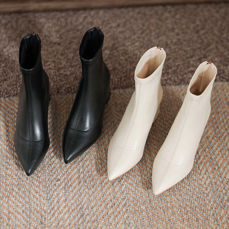 Giày Bốt Nữ Size 31 32 33 Gót Trụ Mũi Nhọn Da Mềm Hàng Quảng Châu Cao Cấp Cao 7cm