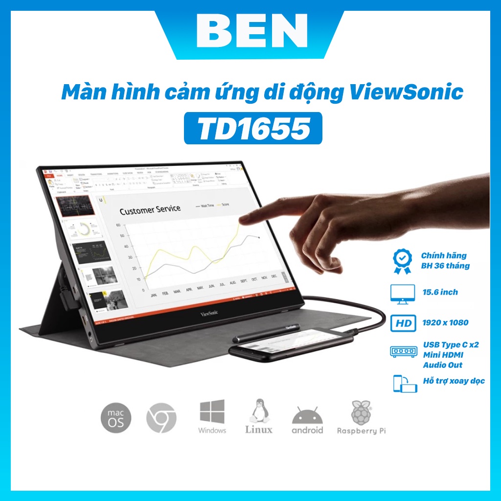 Màn Hình Di Động Viewsonic TD1655 cảm ứng (15.6&quot;/FHD/IPS/6.5ms/60Hz/hdmi+Usbtypec+Audio)