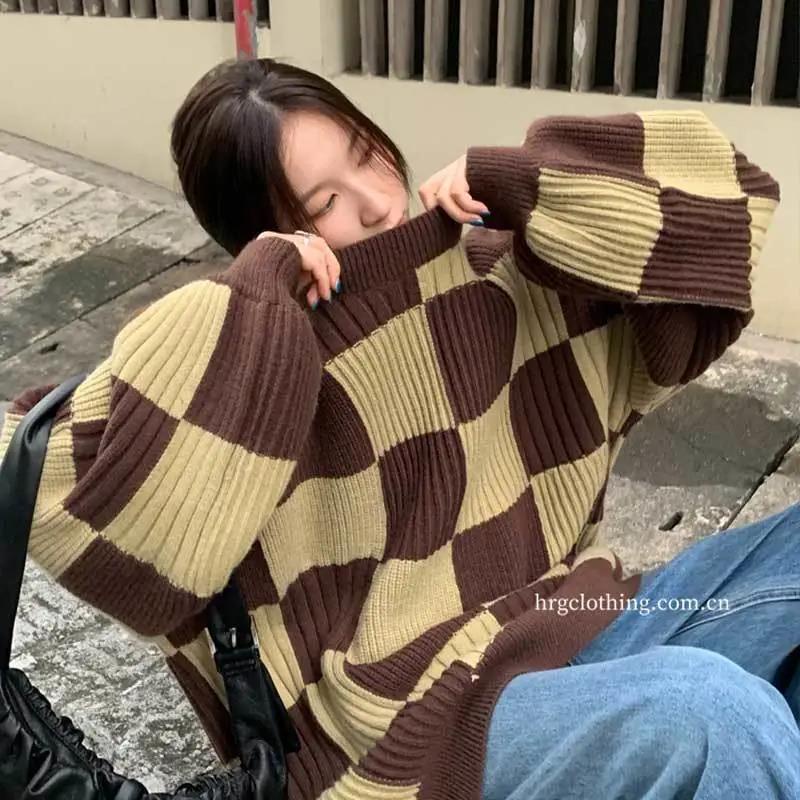 Áo sweater Tay Rộng Kẻ Sọc Caro Phong Cách Mùa Đông Mới