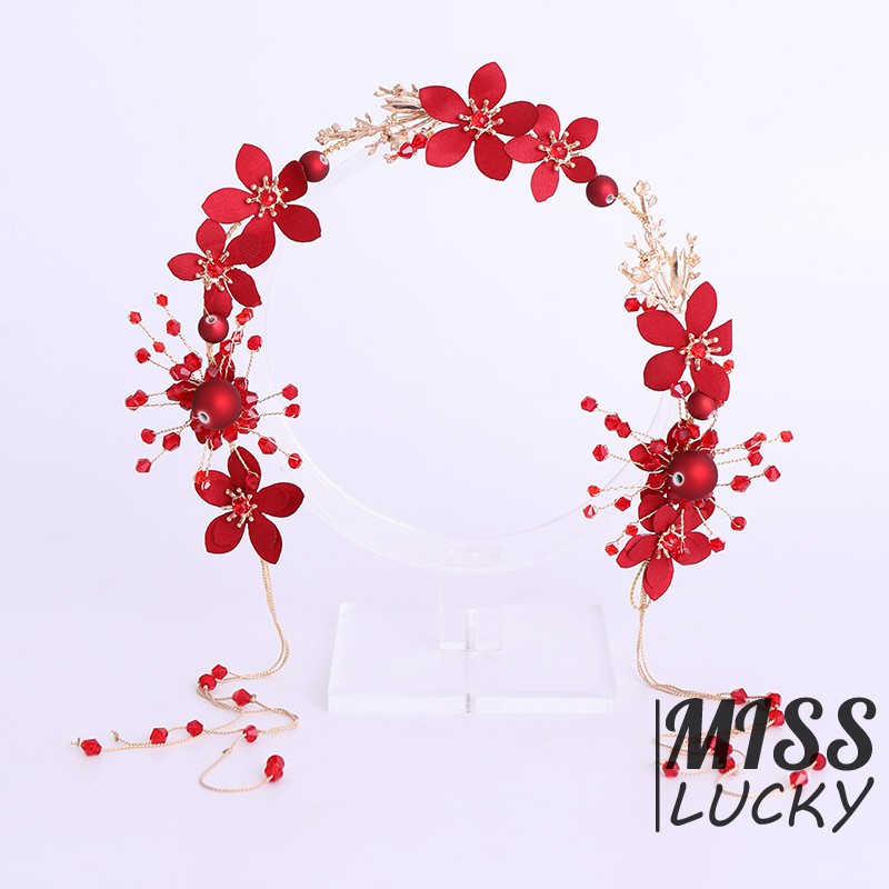 Set cài tóc + khuyên tai đính hoa và ngọc trai giả màu đỏ thanh lịch cho cô dâu