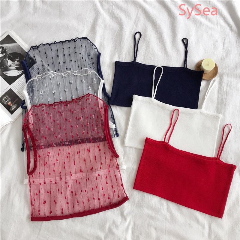 Two Piece Women's Camisole +Mesh Vest Black Sexy Croptop Summer Out Wear