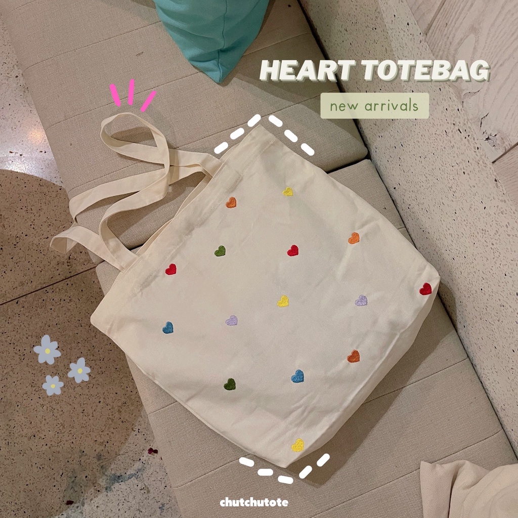 T341-342/Túi vải túi tote thêu hình trái tim dễ thương phong cách Hàn Quốc có khoá cúc bấm