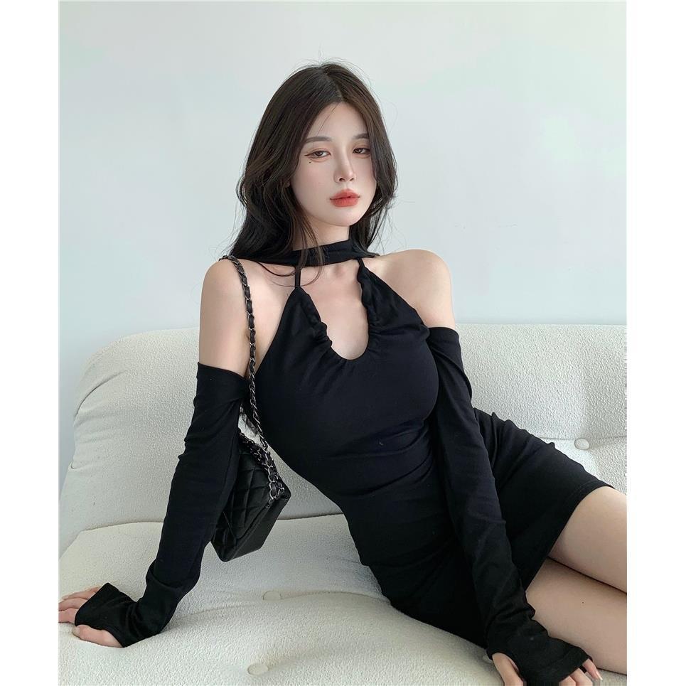 Đầm Ôm Hai Dây Màu Đen Thời Trang Mùa Thu Sành Điệu Cho Nữ