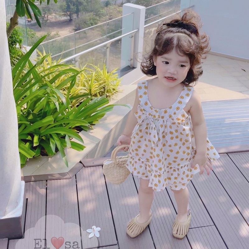 Đồ bộ bé gái 2 dây bản to đính nơ xinh xắn, bộ bé gái 2 dây đi học đi chơi