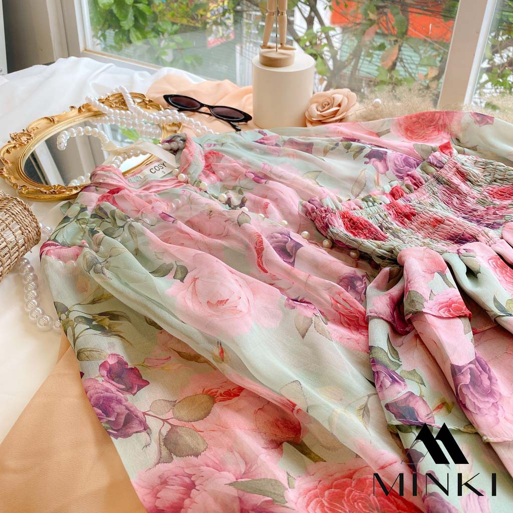 SET ÁO VOAN HOA KÈM LÓT CHÂN VÁY NHÚN - CHẤT LIỆU VOAN CAO CẤP - MÀU XANH / HỒNG | BigBuy360 - bigbuy360.vn