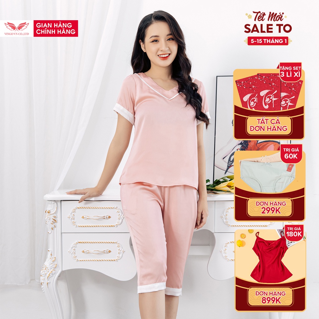 Bộ Đồ Nữ Pyjama Mặc Nhà VINGO  Lụa Hàn Trơn Tay Cộc Quần Lửng Cổ V Phối Viền Trắng H358 VNGO - TCTL