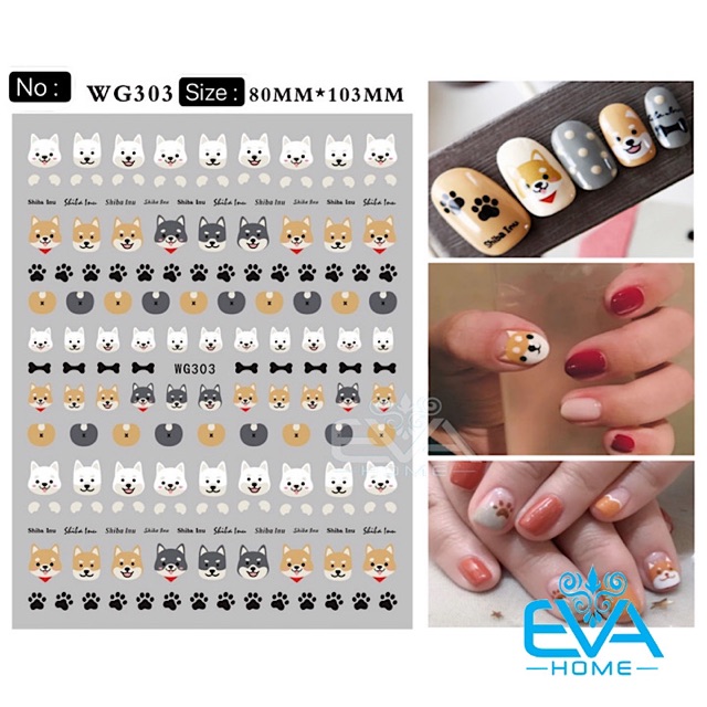 Miếng Dán Móng Tay 3D Nail Sticker Tráng Trí Hoạ Tiết Hoạt Hình Chó Shiba Inu WG303