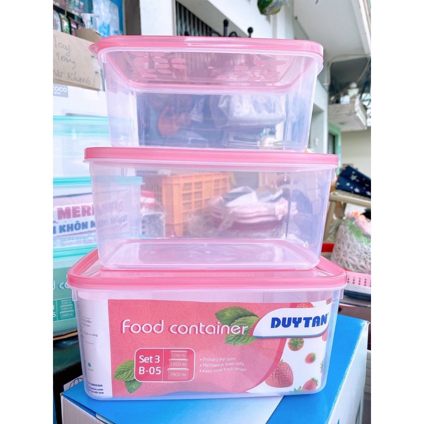 Bộ 3 hộp bầu Duy Tân dung tích 490ml - 1300ml -2800ml đựng thực phẩm an toàn/Bộ hộp đựng thực phẩm để tủ lạnh có nắp gài