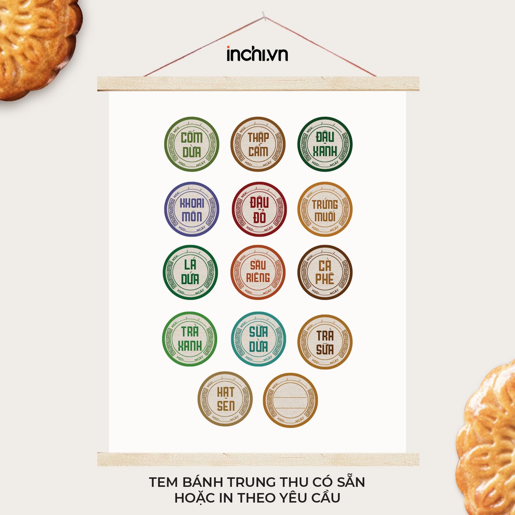 Tem Decal Tròn  Nhân Bánh Trung Thu Có Sẵn  Size 12Tem/ Tờ - 13 Nhân &Tem Nhân Tự Viết