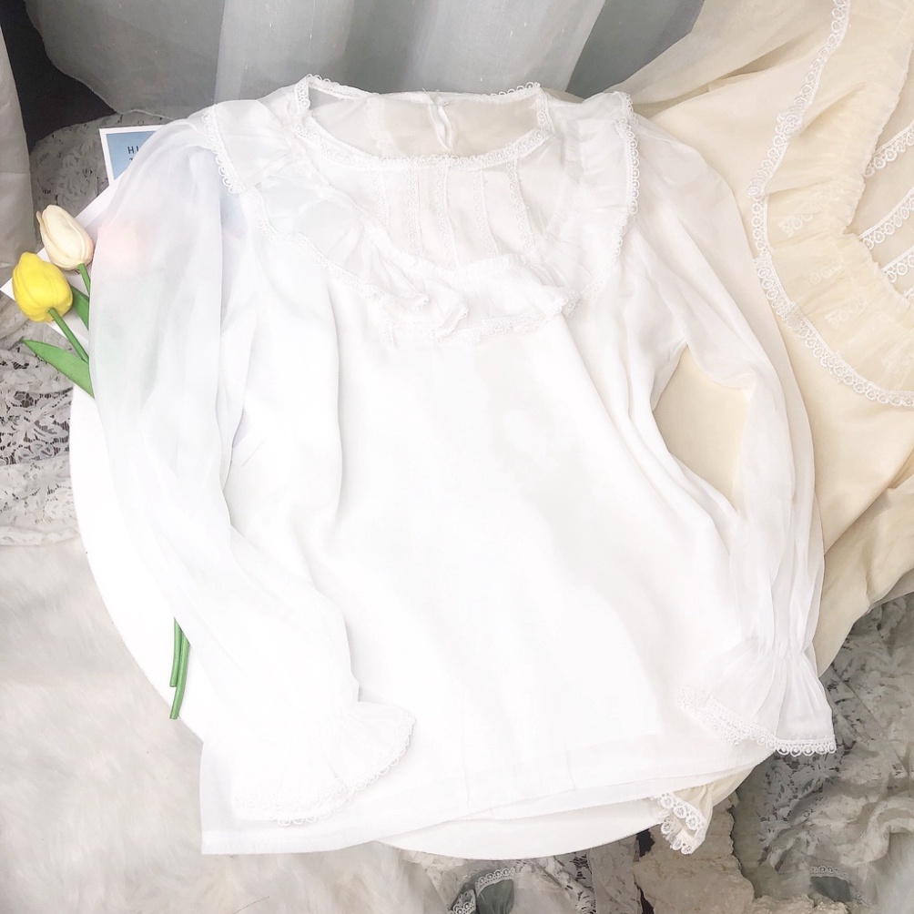 Áo sơ mi nữ kiểu tiêu thư chất voan cổ phối ren tầng xinh xắn mã A62-Ảnh thật tự chụp