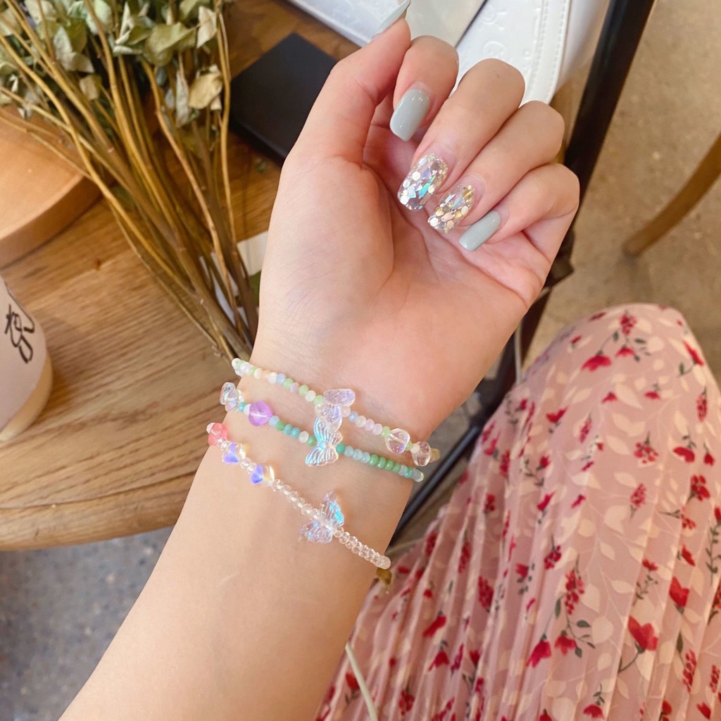 Vòng Tay Chuỗi Hạt Co Giãn Đính Mặt Hình Bướm Nhiều Màu Handmade Thời Trang Mùa Hè Cho Nữ