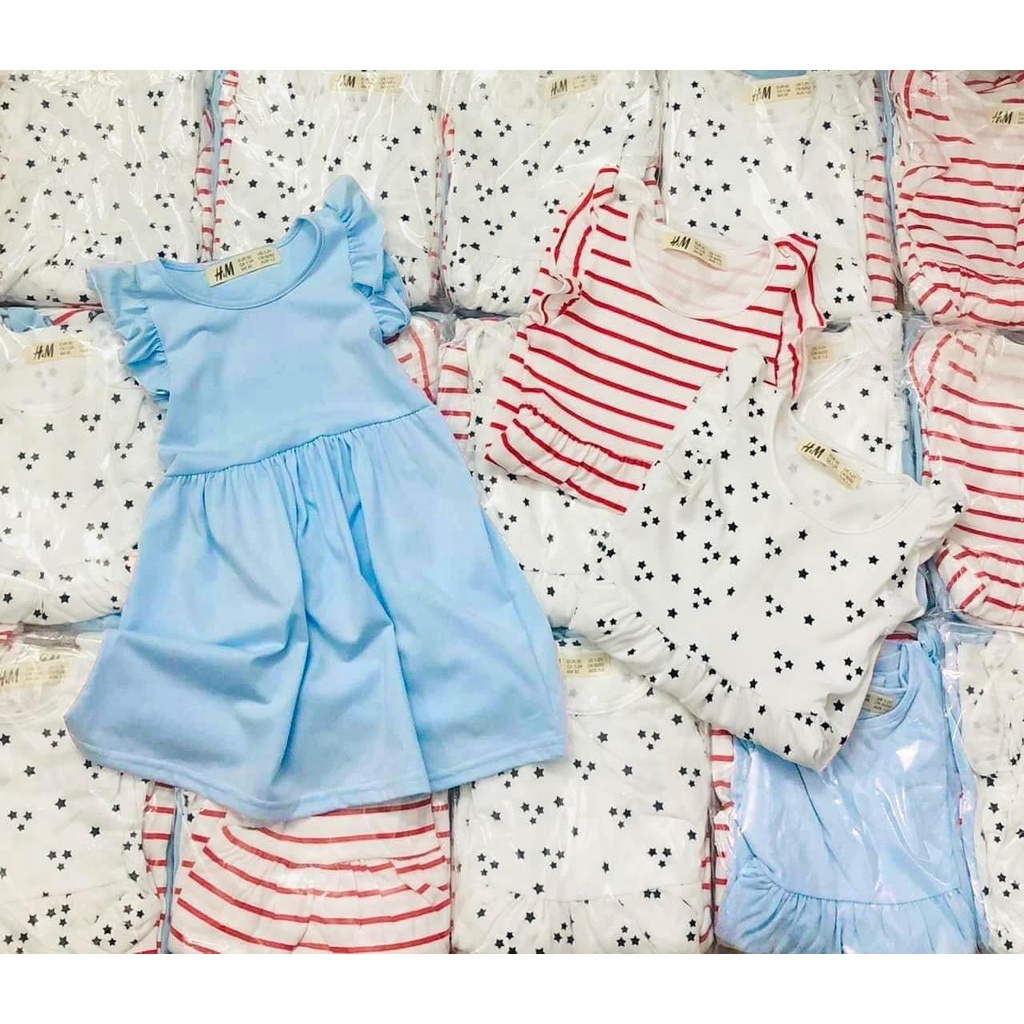 Váy bé gái Combo 3 đầm cánh tiên H.M mix màu trơn bi kẻ chất cotton mềm mịn thoáng mát