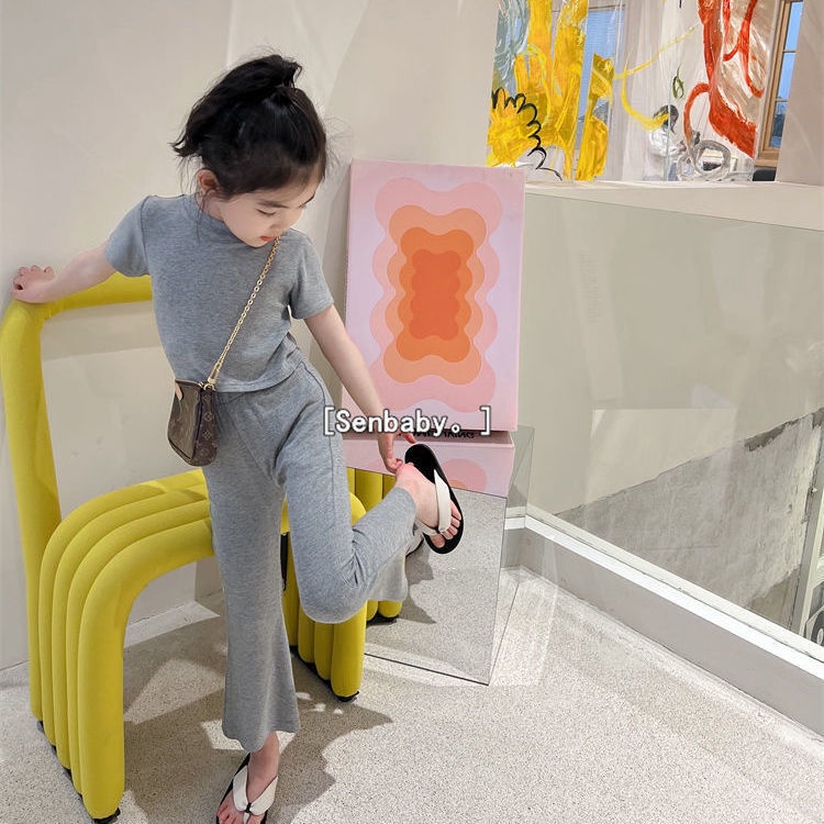 Set Áo Thun Tay Ngắn Màu Trơn + Quần Dài Ống Loe Thời Trang Hè Hàn Quốc 2023 Dành Cho Bé Gái