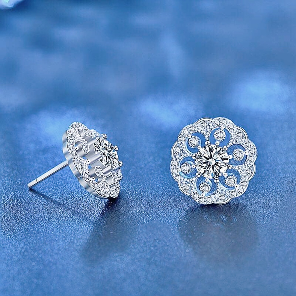 Khuyên tai bạc Van Jewelry V10725 Khuyên Hoa bản to nạm đá trắng lấp lánh sang trọng