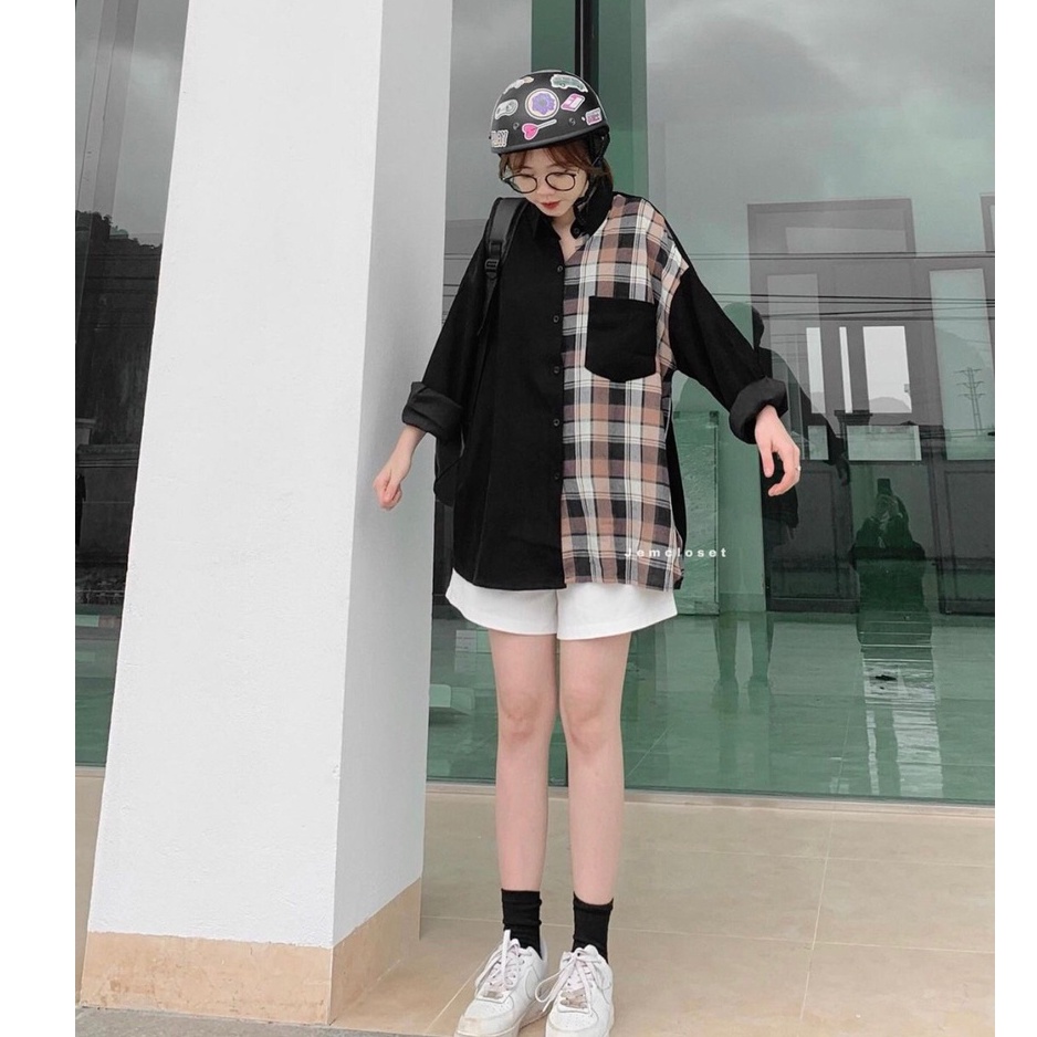 Sơ Mi Nữ Dài Tay Cotton Phối Kẻ Ô Vuông Túi Ngực Chất Thoáng Mát,Áo Sơ Mi Dáng Rộng Form Thụng Phong Cách