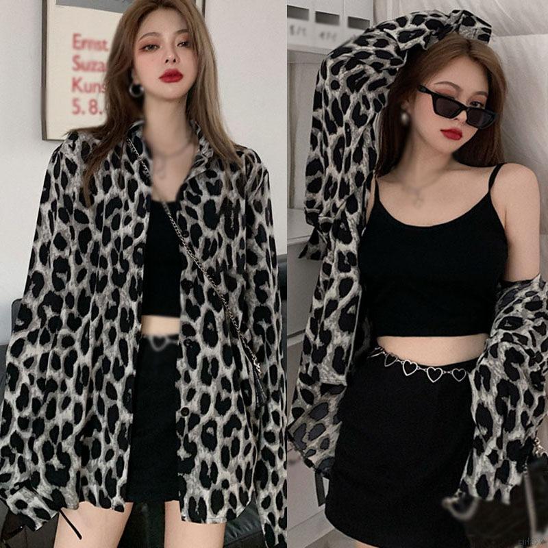 Áo Sơ Mi Tay Dài Hoạ Tiết Da Báo Phong Cách Sành Điệu Thời Trang