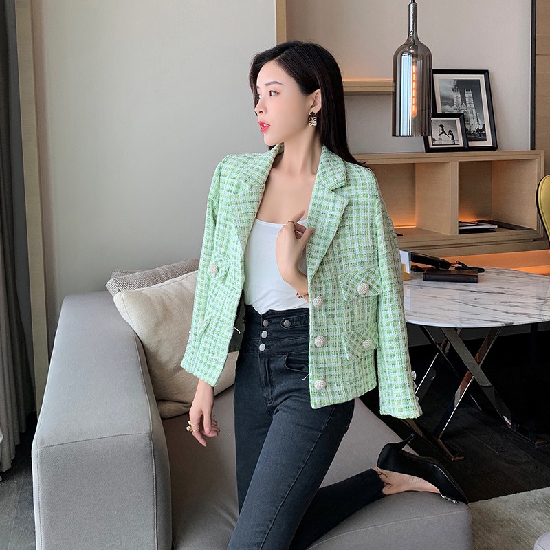 Áo blazer dáng ngắn vải tweed xanh lá thanh lịch sang chảnh