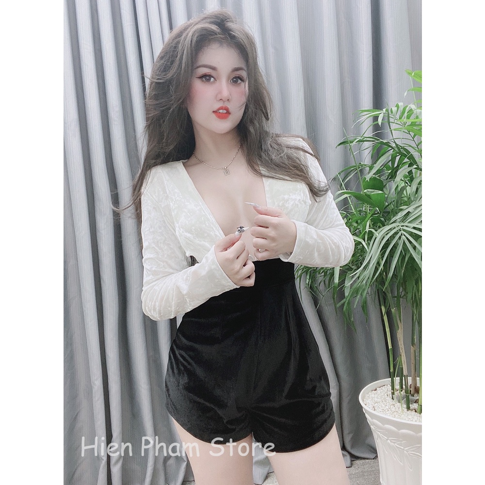 ✔️hienphamstore✔️ Jump tay tay dài hở ngực, khoét sâu cổ V, chất ren phối nhung đen - JN9313