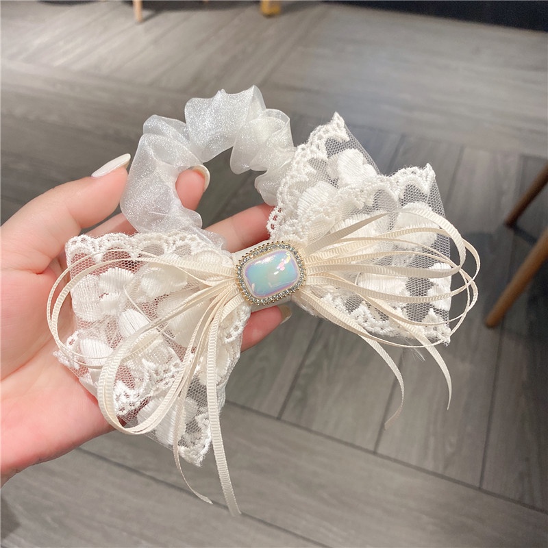 Băng Đô Cài Tóc Hình Nơ Phối Ren Đính Ngọc Trai Nhân Tạo Phong Cách Hàn Quốc Cho Nữ