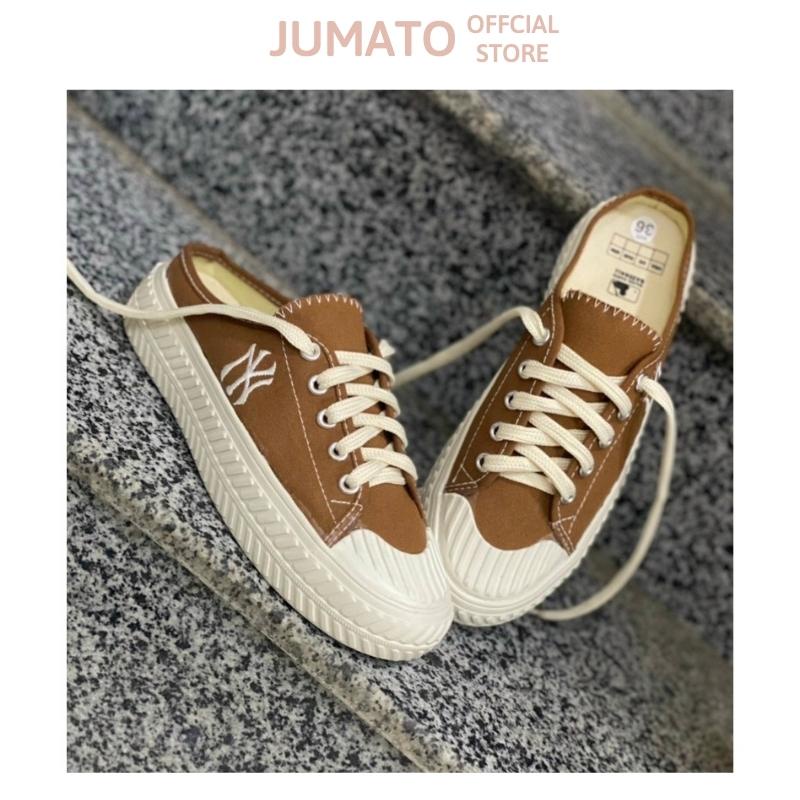 Giày sục thể thao nữ thêu chữ N.Y đạp gót đế bánh mì 3cm màu nâu tây hot trend 2022 JUMATO