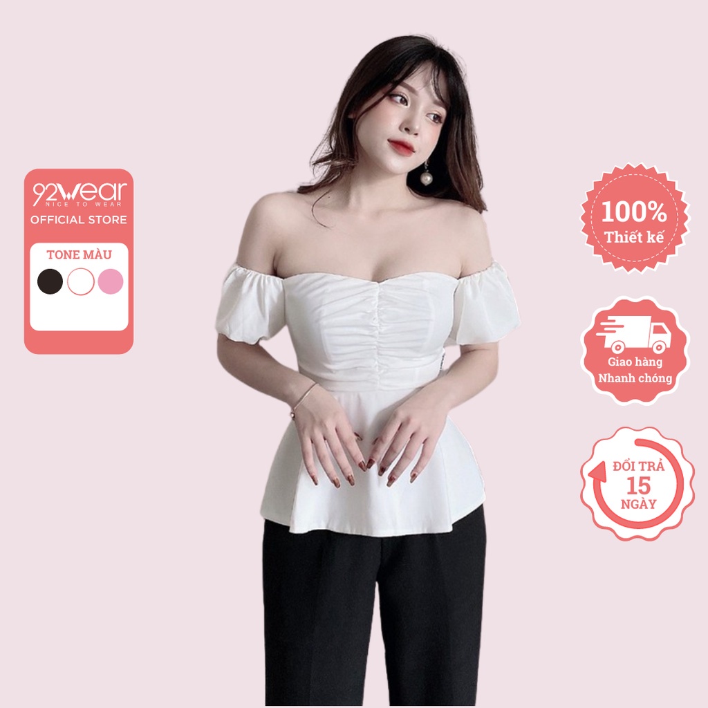 Áo sơ mi nữ 92WEAR kiểu ngắn tay trễ vai màu trắng hồng gợi cảm sexy tay bồng hàn quốc trơn đẹp ASW0543 - 92Wear - Hàng