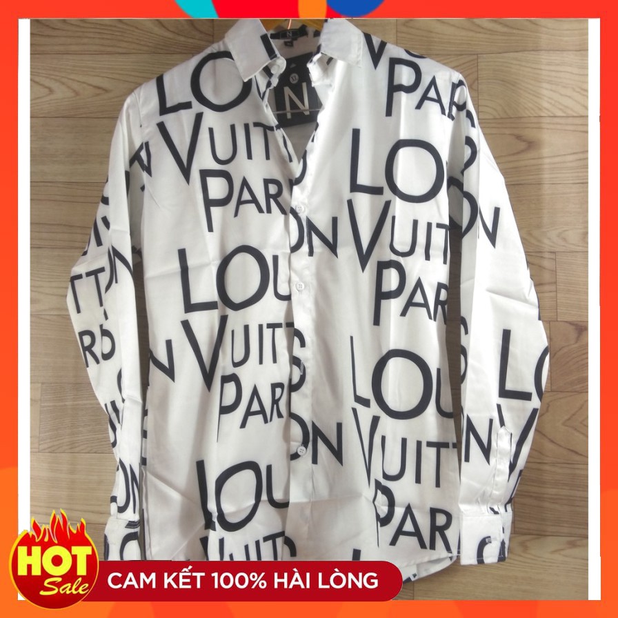 Áo sơ mi nam Hàn Quốc tay dài màu trắng họa tiết LV 011