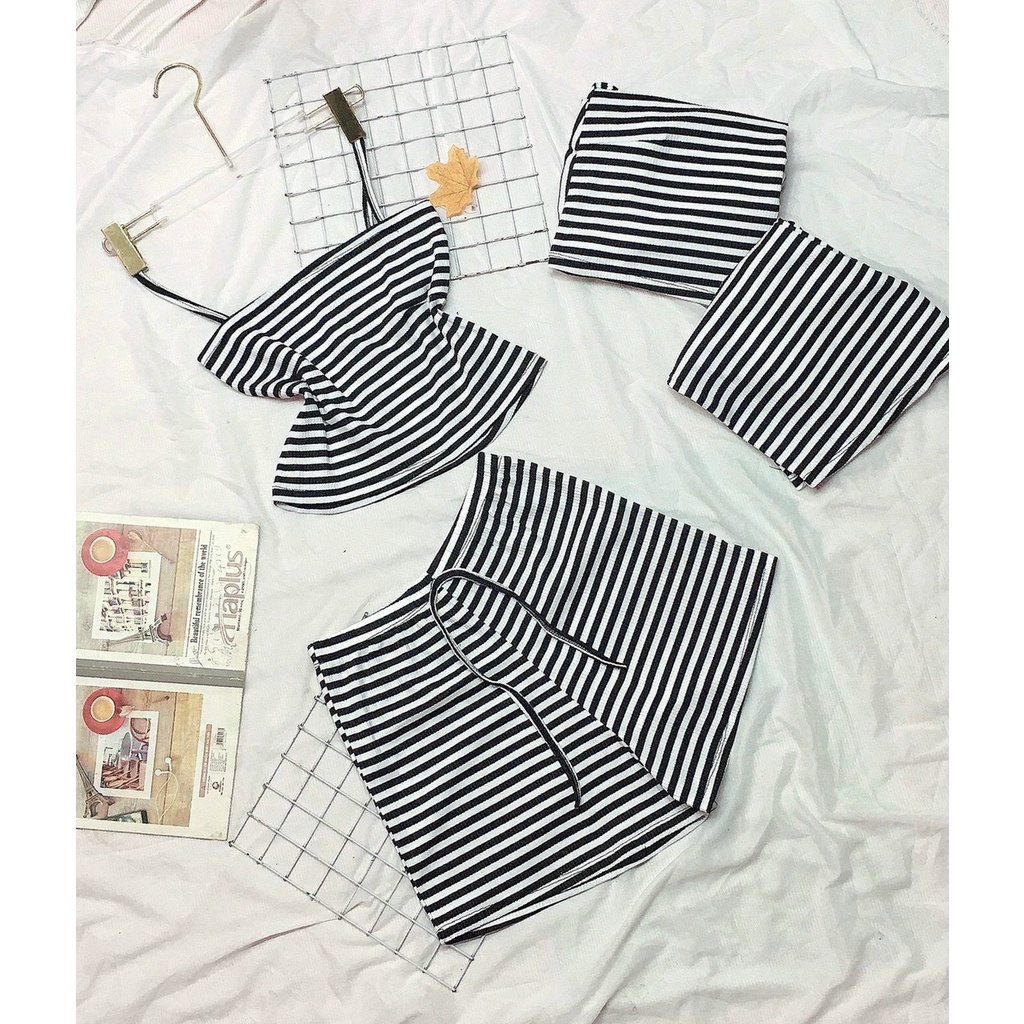 Set bộ ngủ nữ chất thun co dãn mềm 2 dây sọc ngang kẻ đen trắng