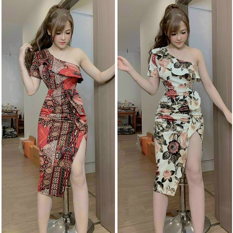 Đầm Thun Ôm Body Họa Tiết Lệch Vai Xẻ Tà Duyên Dáng[Hàng Thiết Kế Chuẩn Shop]