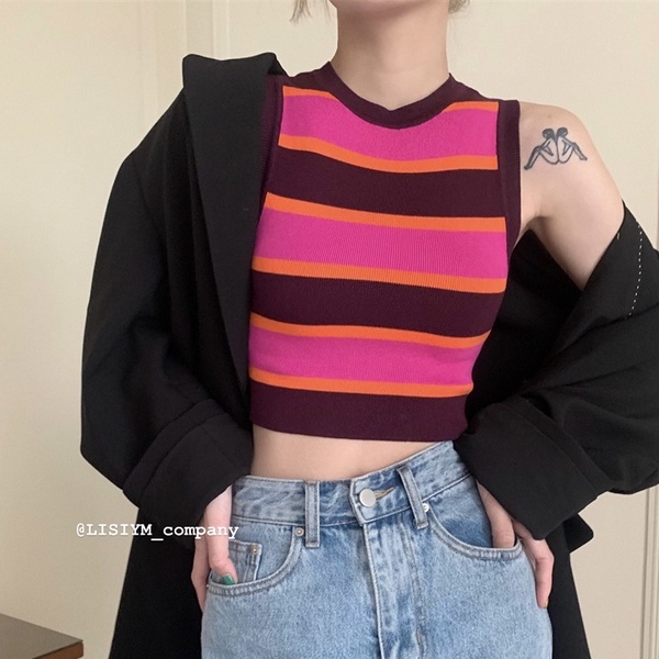 Áo sát nách ZHELIHANGFEI dệt kim họa tiết kẻ sọc ngang phong cách quyến rũ cho nữ