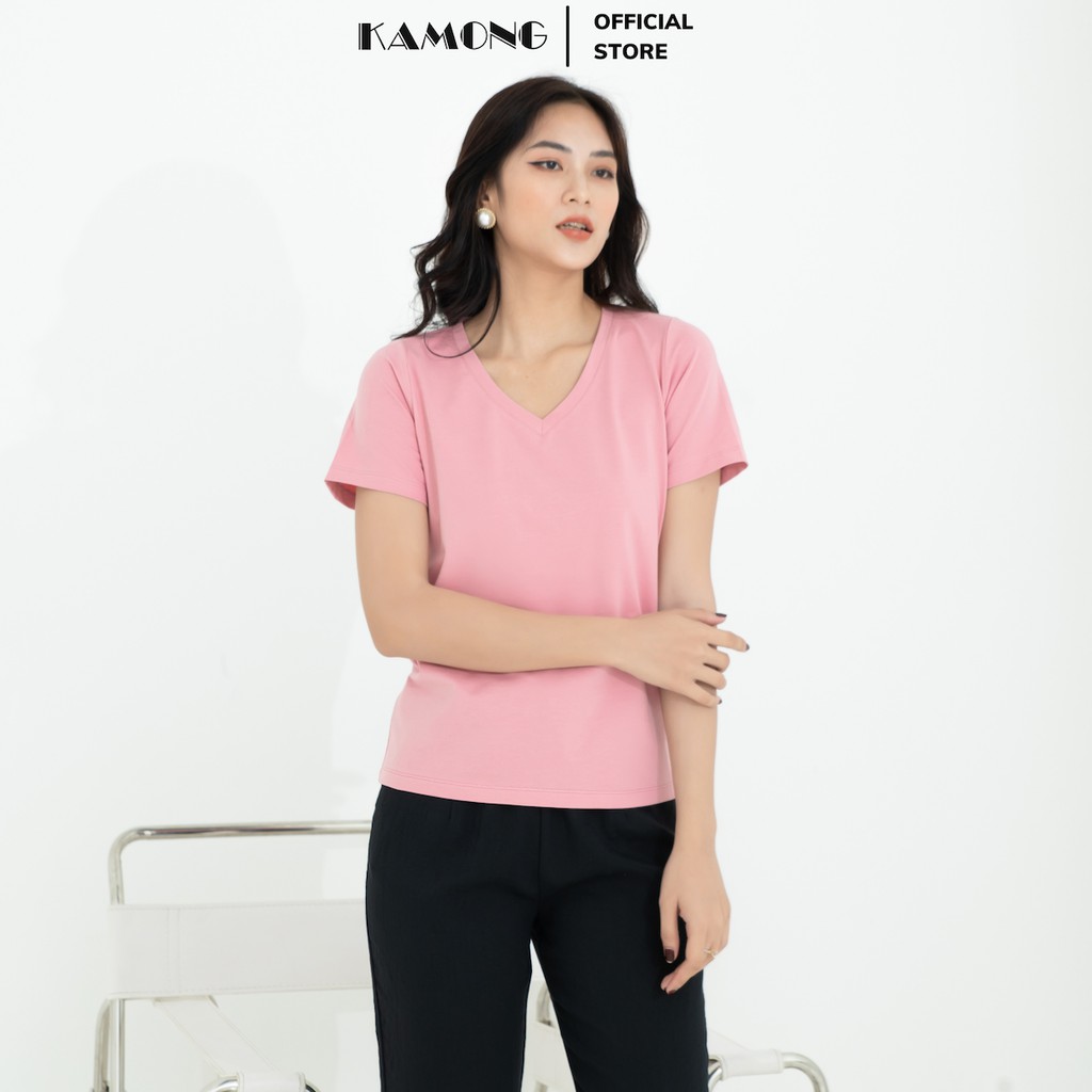 Áo thun nữ cổ tim tay ngắn KAMONG vải cotton 100% cao cấp