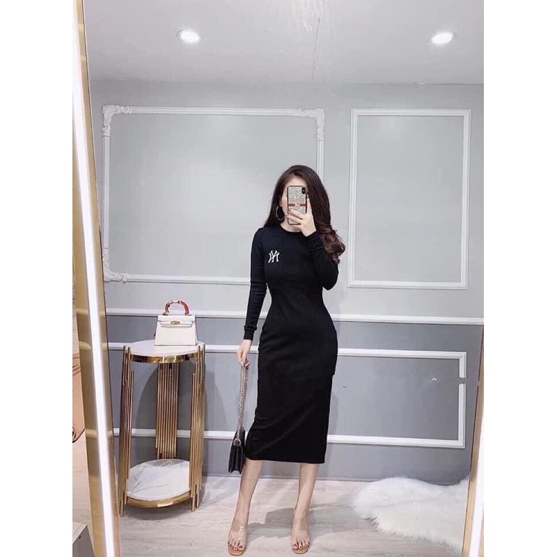 Váy body thêu ngực dáng dài qua gối chất thun tăm co dãn