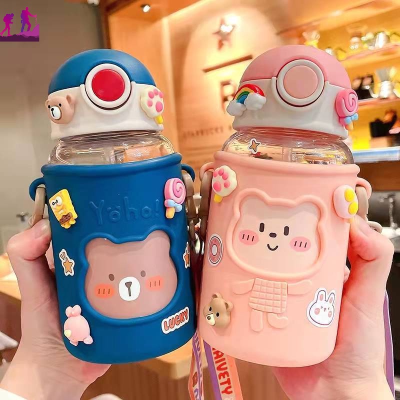 620ml Bình Nước Nhựa Mùa Hè In Hình Hoạt Hình Dung Tích Lớn Có Ống Hút Cho Trẻ Em Văn Phòng