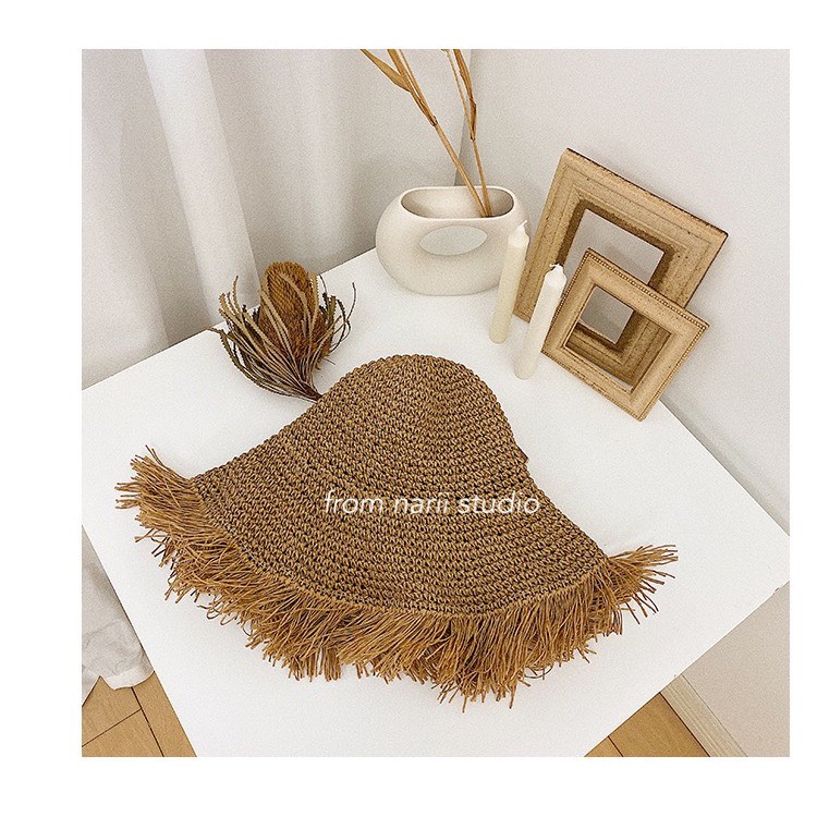 Nón cói đi biển NARII nâu viền tua mũ cói du lịch nữ form mềm Hàn Quốc