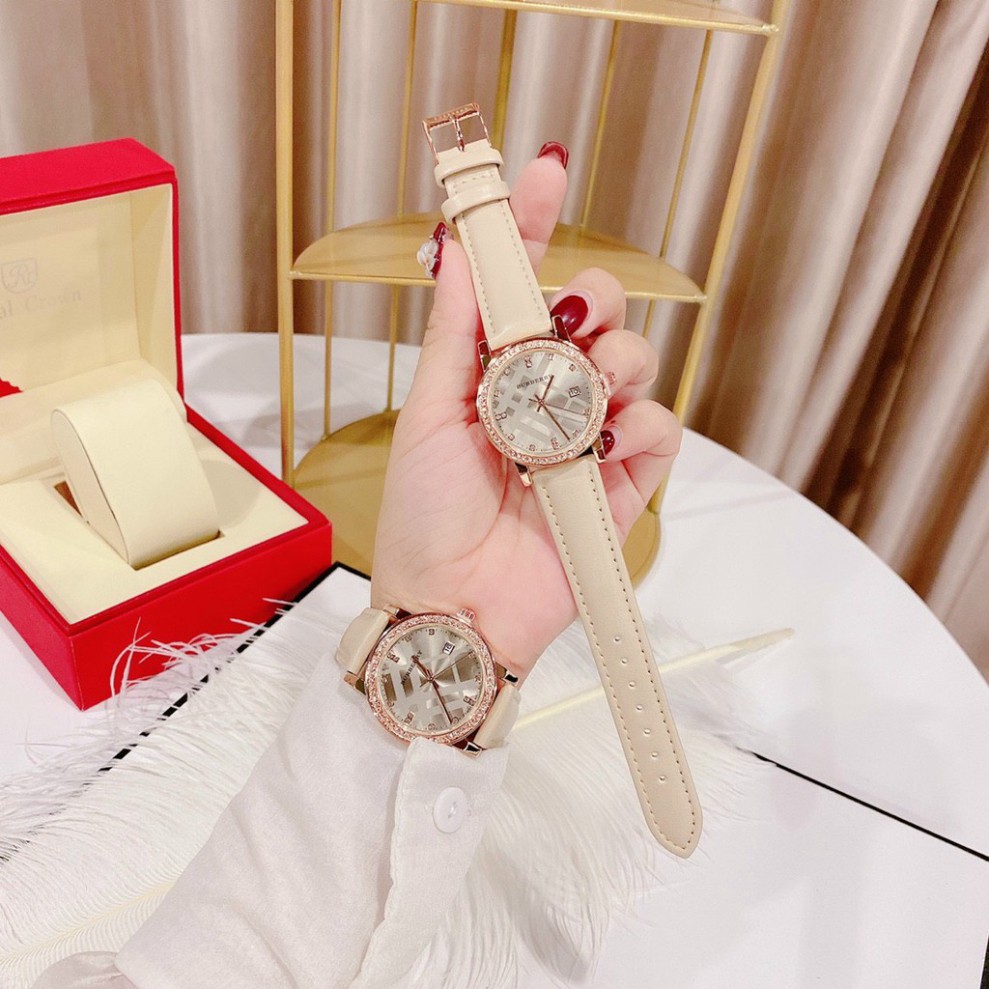 Đồng hồ nữ dong ho nu bbr mặt tròn quai da viền đá sang trọng , da mềm bền hợp thời trang