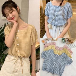 Áo sơ mi nữ tay ngắn cổ vuông phối sọc caro phong cách thời trang
