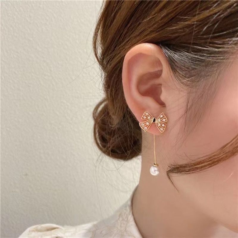 Đôi Bông Tai Dáng Rơi Họa Tiết Nơ Đính Ngọc Trai Thời Trang Cho Nữ