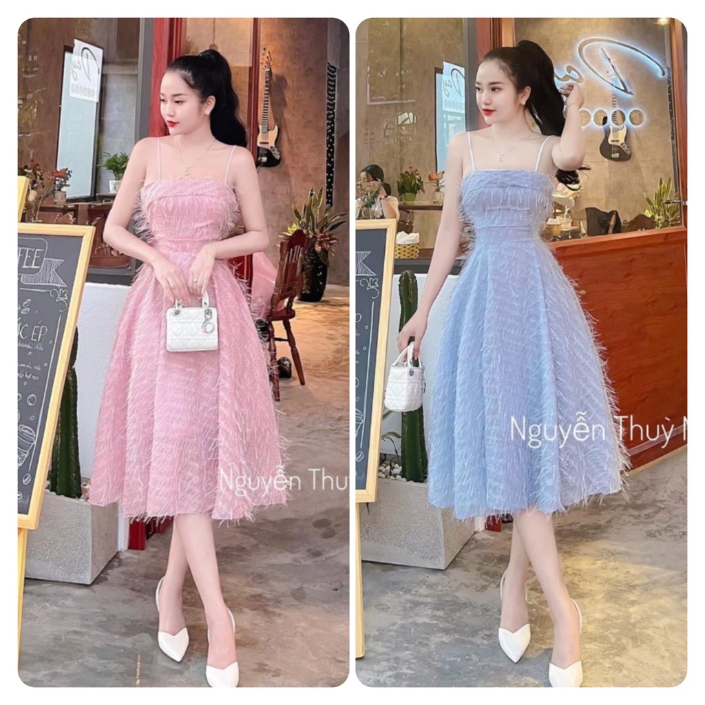 Đầm Tiểu Thư Dự Tiệc Xoè Lông Vũ Dáng Dài Hai Dây
