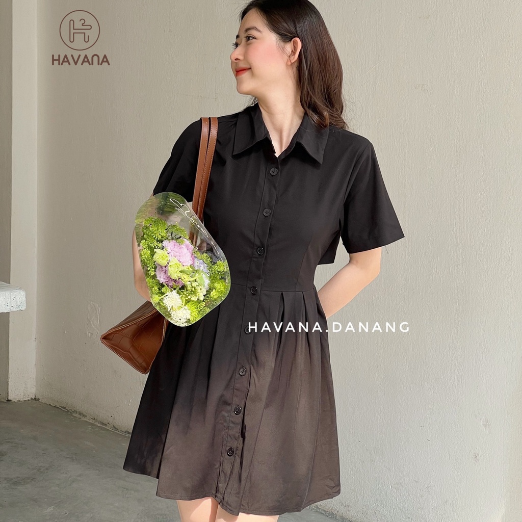 Đầm sơ mi nữ cộc tay dáng xòe, đầm polo khoét lưng eo chun buộc nơ phong cách AE182