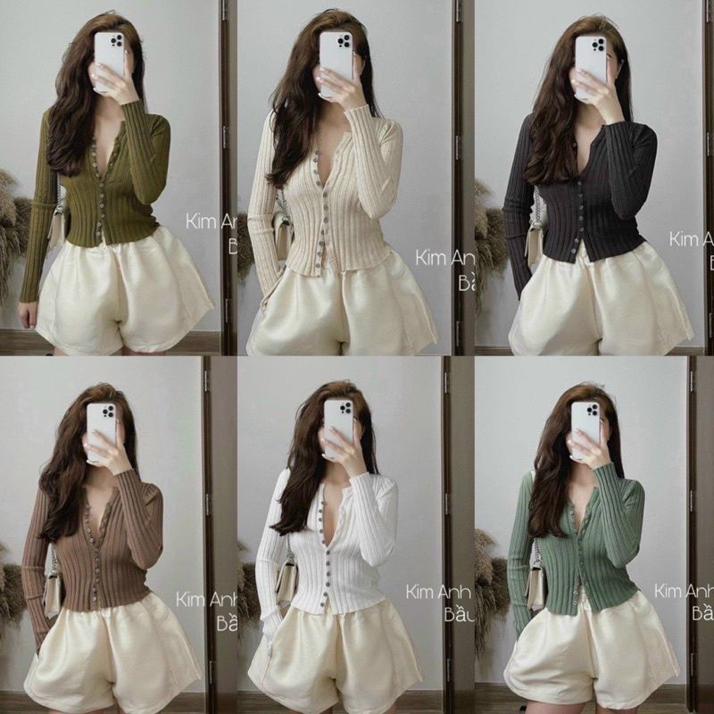 Áo len viền gân nhỏ nhiều khuy dài tay