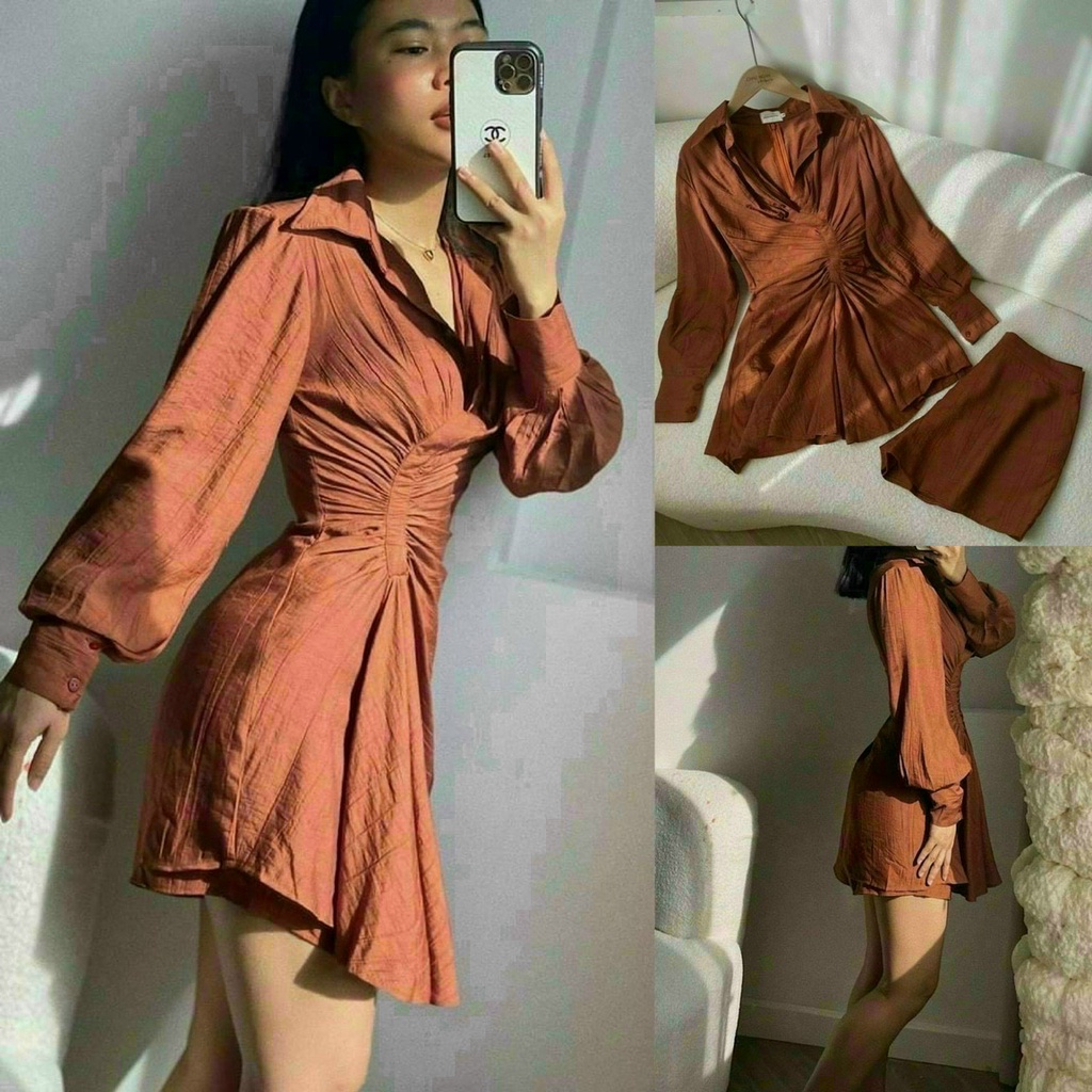 (Ưu Đãi FreeShip) Đầm sơ mi nữ thiết kế xoắn eo cực xinh,đầm tay dài phồng dáng xòe,mặc lên cực tôn dáng hàng chuẩn shop