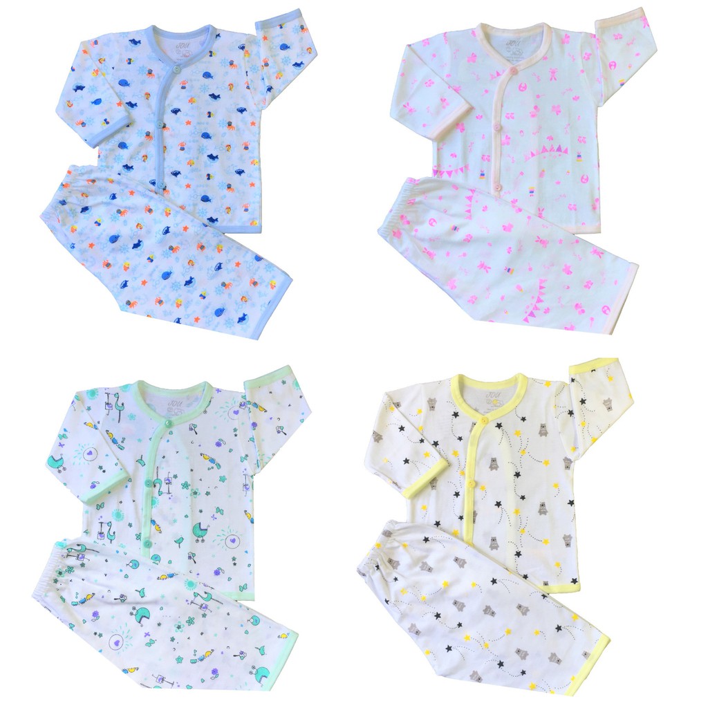 Bộ quần áo sơ sinh Tay Dài Cài Xéo Họa Tiết JOU, chất vải cotton 100% cao cấp mềm, mịn, thoáng mát, hàng giao giống hình