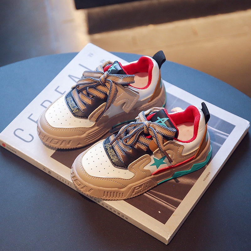 Giày thể thao bé trai bé gái, Giày Sneakers chất da PU siêu mềm dây rút đế cao su chống trơn gắn hình ngôi sao YNN85